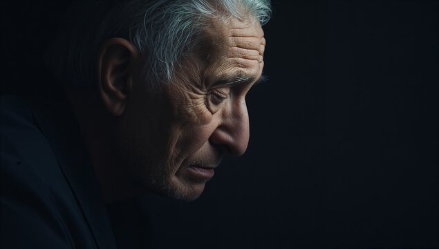 Thoughtful elderly man with weathered face contemplating life's journey in dramatic low-key lighting
