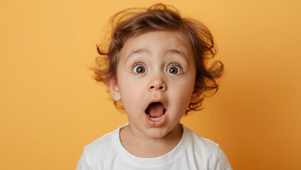 Astonished toddler's wide eyes and open mouth express pure shock and wonder against a vibrant yellow backdrop