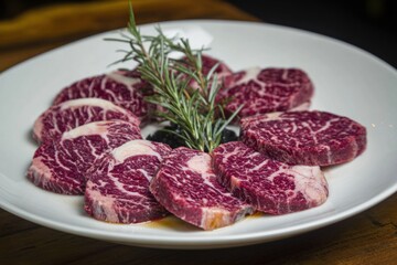 Fototapeta premium Sliced beef thin carpaccio red marbling texture gourmet presentation for food cuisine restaurant