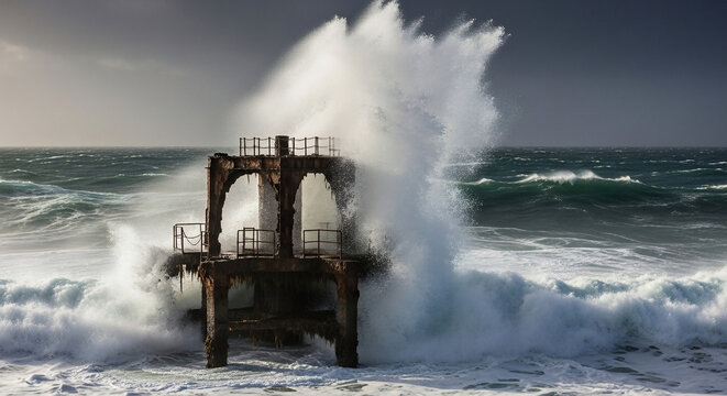 Waves crashing against an old pier on a stormy day in the ocean