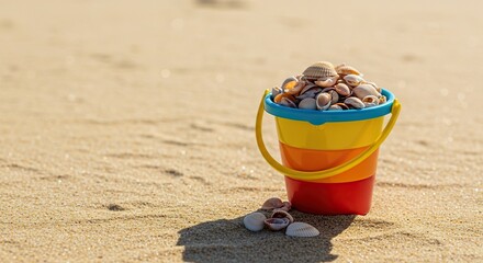A colorful beach pail filled with tiny seashells, resting on warm sand under a bright sun, evoking serene holiday memories ,happy ,tropical ,beach