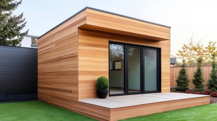 Elegant guest house exterior with light oak wood, minimalist horizontal lines, and glass doors opening to a deck