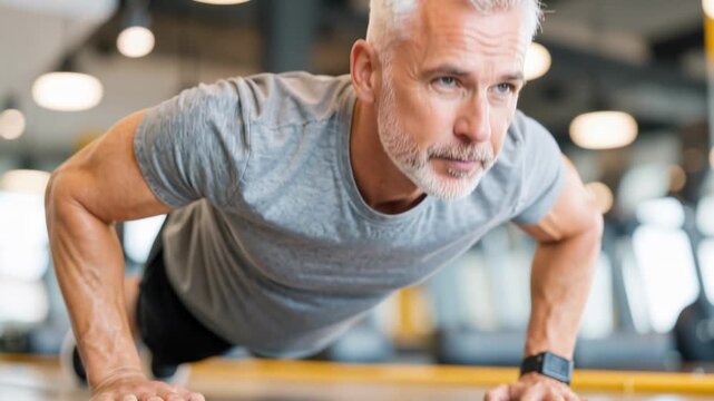 fit senior man doing push-ups during workout in modern gym