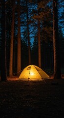 A comfortable nylon tent pitched securely beneath towering pine trees, illuminated gently by the warm glow of an evening campfire ,fabric ,twilight ,escape