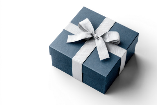 Gift box top view indigo blue minimalist amorphous shape ribbon present for holidays gifting	