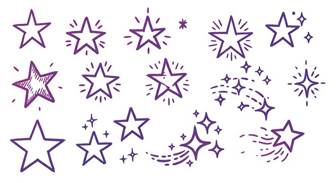 Collection of hand-drawn stars, rendered in purple and pink gradients, isolated on white - Powered by Adobe