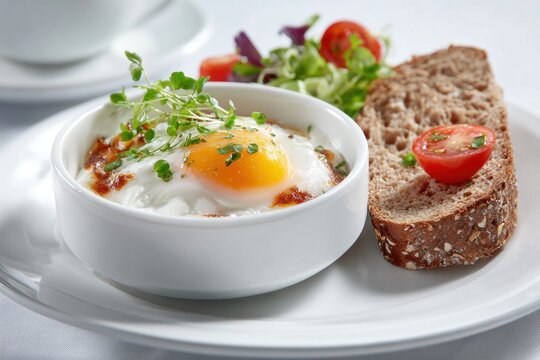Breakfast neatly plated half egg bowl whole grain bread healthy morning nutrition - Powered by Adobe