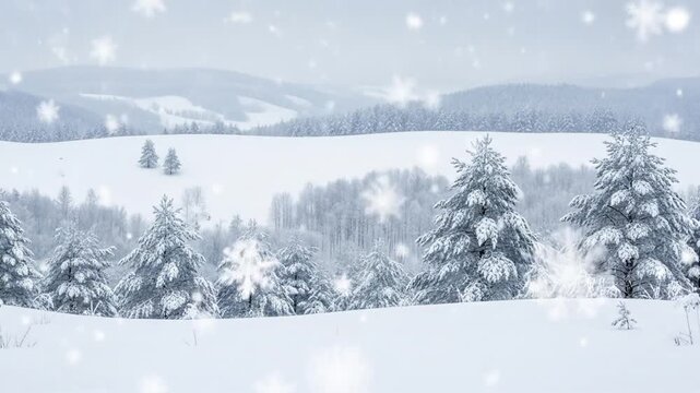 Serene winter landscape panorama with snow-covered fir trees and falling snowflakes