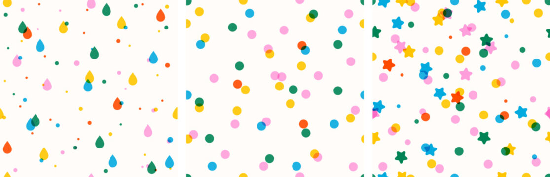 Simple sprinkle seamless pattern collection. Bright color confetti, rain, stars on white background. Vector Illustration for holiday, party, birthday, invitation