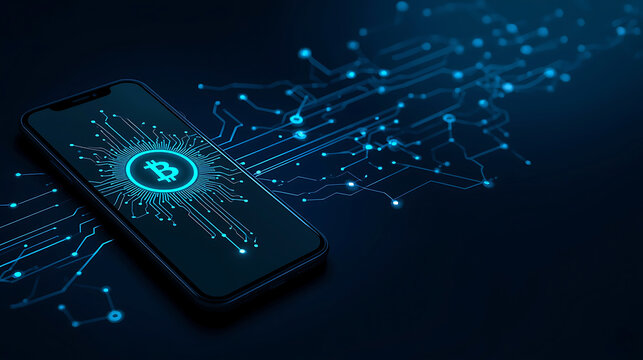 Cryptocurrency on mobile phone screen showing Bitcoin blockchain network for future technology financial investment