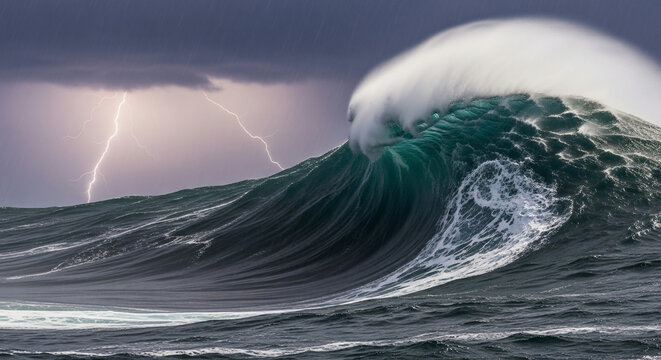 Massive ocean wave curling under a stormy sky with dramatic lightning bolts