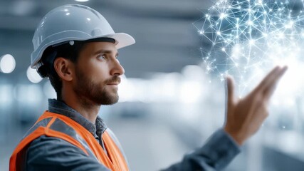 Focused construction professional uses advanced virtual interface, symbolizing digital transformation in engineering. Futuristic network graphics highlight innovation and smart industry integration - Powered by Adobe