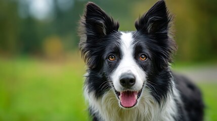 Fototapeta premium Close up of a border collie with black and white fur looking directly at the camera with a green background