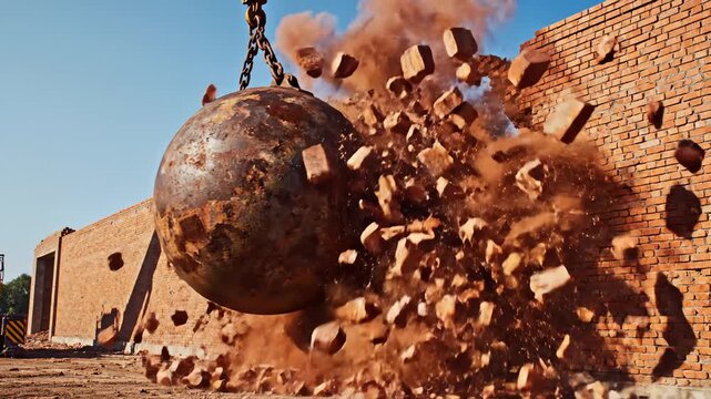 Wrecking Ball Crashing Into Brick Wall, Destruction