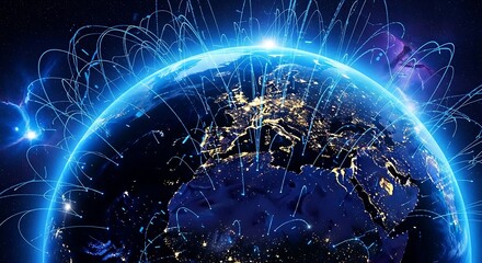 Global Connectivity and Communication Networks Shown in Digital Blue Visualization