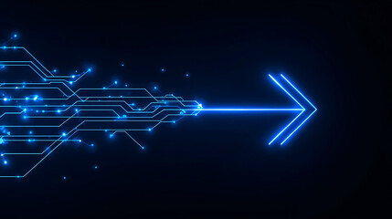 Forward momentum technology arrow illustration with circuit board design and glowing light effects on dark backdrop