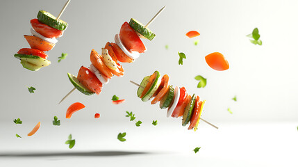 Colorful vegetable skewers with different fresh components are floating in the air, showing a fresh and appetizing scene.
