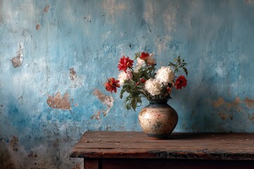 Vase with red and white flowers on the wooden table, blue wall behind. Ideal for backgrounds, textures, or vintage style compositions.