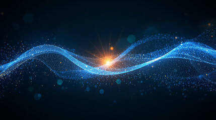 Futuristic blue energy wave with glowing particles and light rays on dark background abstract design
