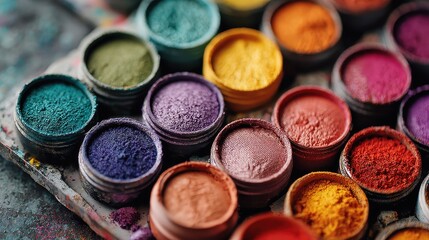 Assortment of colorful powder pigments in small metal containers, close-up. Use for cosmetics, art, beauty, or colorful abstract design projects.