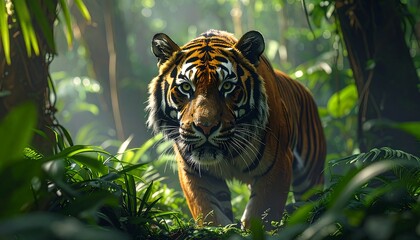 Tiger prowls through lush, dense jungle foliage, sunlight filtering through the leaves creating a dynamic, vibrant scene