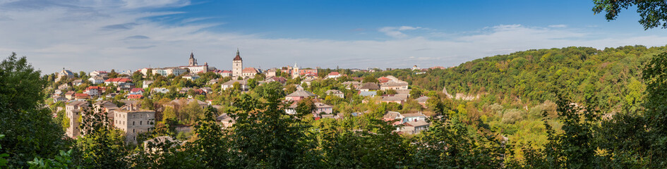 Fototapeta premium Wide autumn panorama of Old Town of Kamianets-Podilskyi, Ukraine