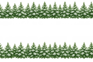 Snow-covered fir tree forest border forming winter or christmas frame on transparent background