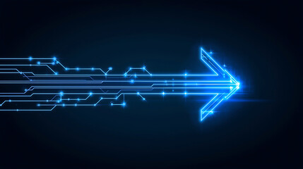 Glowing Blue Arrow with Circuit Board Design on Dark Background Represents Technological Advancement