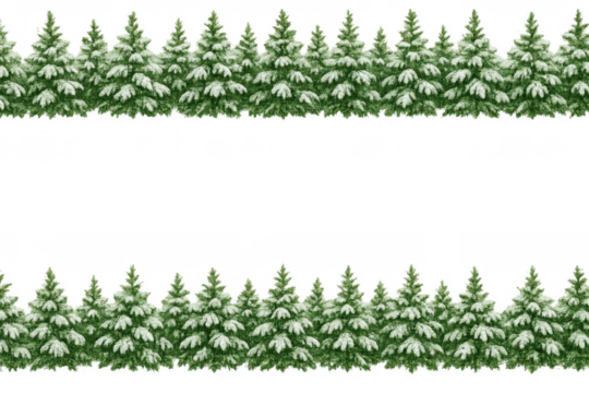 Snow-covered fir tree forest border forming winter or christmas frame on transparent background