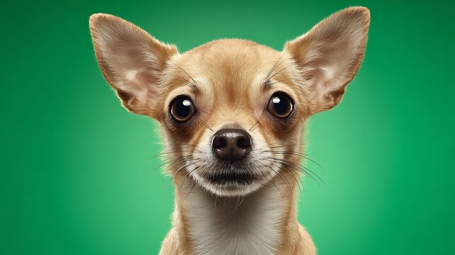A close up of a chihuahua with big ears and eyes against a green background looking at the camera