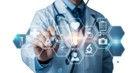 Doctor touching virtual healthcare interface — telemedicine and medical technology concept

