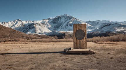 Wood target stands alone with mountains under clear blue sky. It is ideal for concepts of solitude, focus, or strange beauty.
