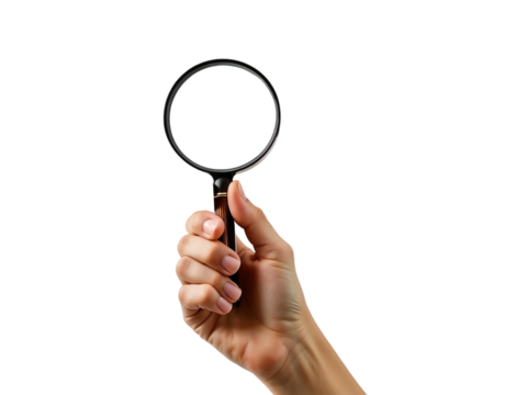 Hand holding magnifying glass isolated on transparent background
