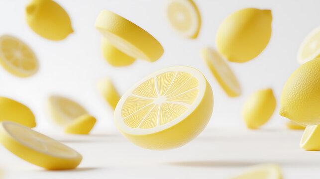 Showcasing fresh lemon slices flying, highlighting their bright yellow color and juicy texture, representing fresh citrus fruit. - Powered by Adobe