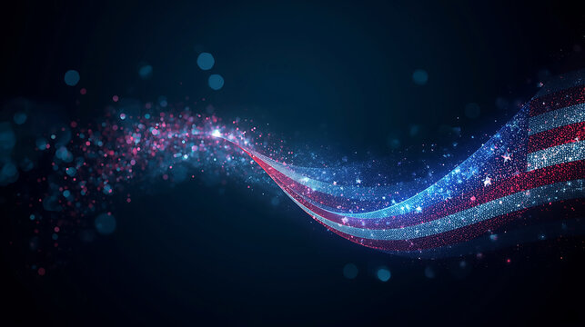 Patriotic American Flag Wave with Sparkling Glitter and Festive Bokeh Lights on Dark Background - Powered by Adobe