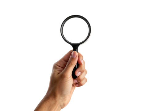 Hand holding magnifying glass isolated on transparent background