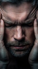 A close-up portrait of a man showing distress or tension, with his hands on his head, This image can be used in mental health articles, wellness campaigns, or stress management content,