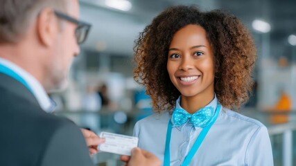 A cheerful receptionist welcomes a guest at a contemporary workplace, showcasing excellent customer service. The vibrant atmosphere highlights professionalism and hospitality - Powered by Adobe