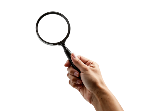 Hand holding magnifying glass isolated on transparent background