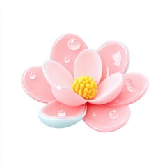 Fototapeta premium A vibrant pink flower with glossy petals and a yellow center surrounded by water droplets, perfect for wellness, spa, or natural beauty themes in marketing materials or decor,