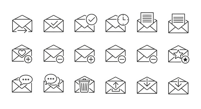 Digital Correspondence Icons: A collection of concise digital icons portraying diverse aspects of digital correspondence, email and messaging. Each icon captures different email status or action. 