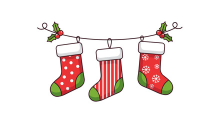 Hanging stocking garland with Christmas decorations on light  background