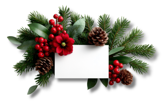Christmas arrangement with pine branches, berries, cones and blank card on white background