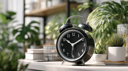 Desk with black alarm clock and office greenery illustrating focus time and harmonious work