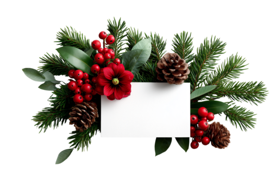 Christmas arrangement with pine branches, berries, cones and blank card on white background