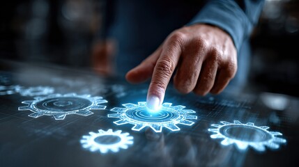A businessman adjusts glowing holographic gears, symbolizing automation, teamwork, and advanced technology in modern industry