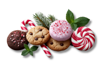 Christmas sweets and decorations on white background