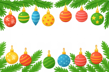 Christmas frame with colorful baubles and pine tree branches decorating festive holiday transparent background art