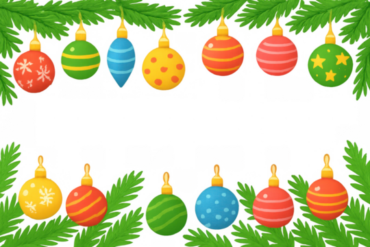 Christmas frame with colorful baubles and pine tree branches decorating festive holiday transparent background art