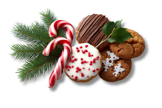 Christmas sweets and decorations on white background